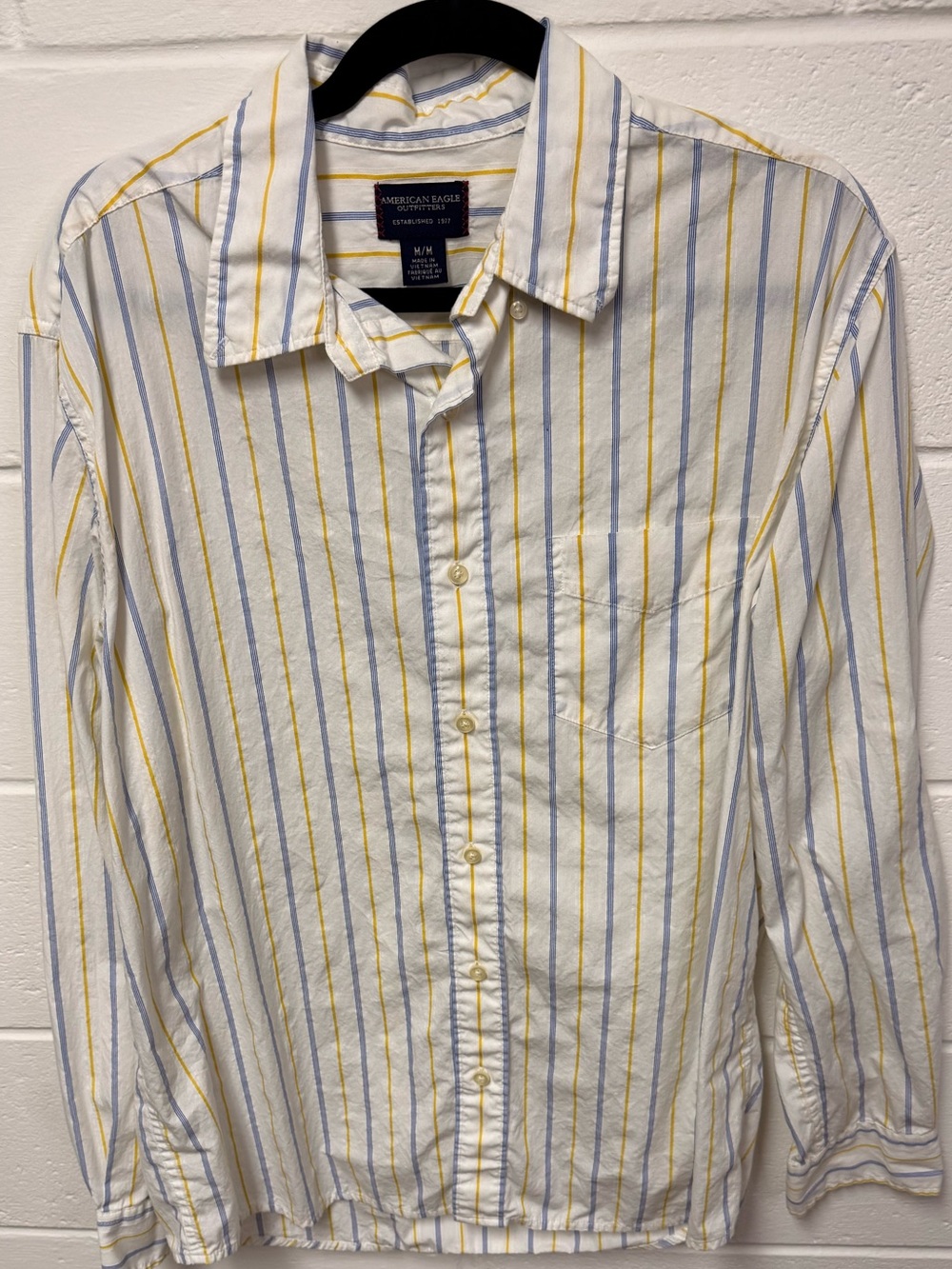 Y2K American Eagle Outfitters White Button-Down Shirt with Yellow & Blue Stripes